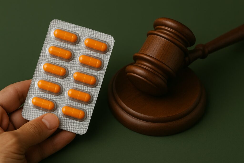Cannabis Medicinal no Brasil: Avanços Regulatórios, Desafios Jurídicos e Oportunidades Econômicas em 2025 1 Cartela de remédios com martelo